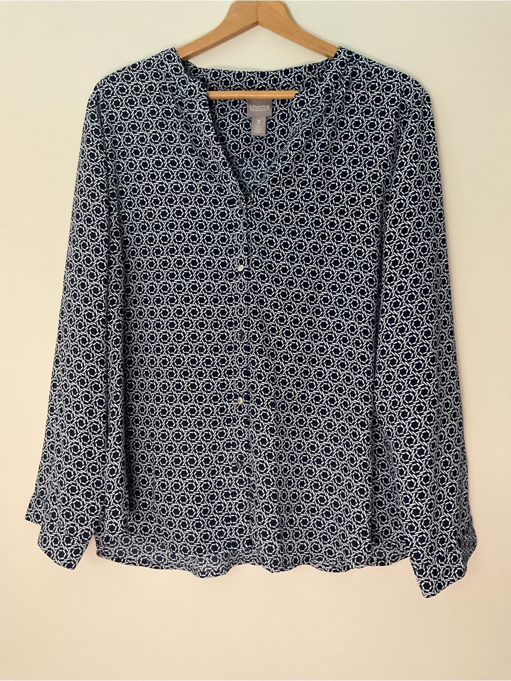 Chico's Navy and White Geometric Button-Front Blouse